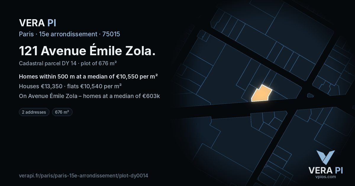 121 Avenue Émile Zola, 15e arrondissement at night – the plot lit, the parcels around coloured by the prices near them
