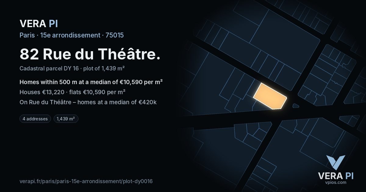 82 Rue du Théâtre, 15e arrondissement at night – the plot lit, the parcels around coloured by the prices near them