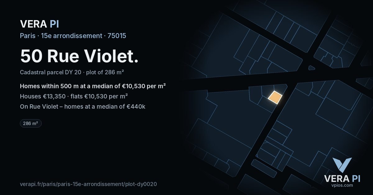 50 Rue Violet, 15e arrondissement at night – the plot lit, the parcels around coloured by the prices near them