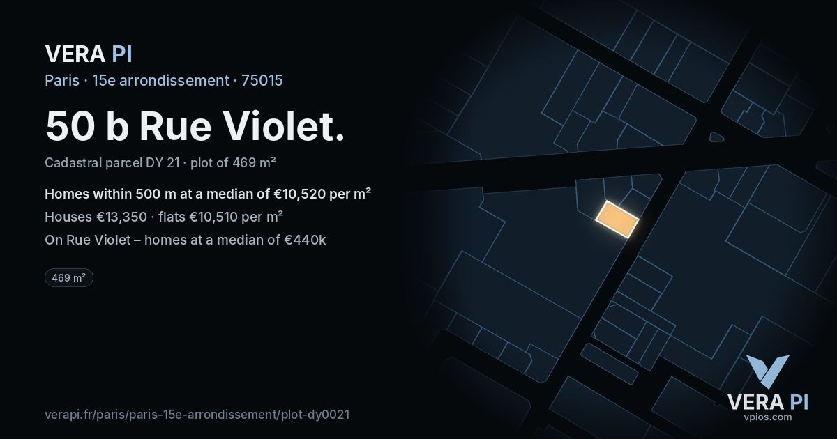 50 b Rue Violet, 15e arrondissement at night – the plot lit, the parcels around coloured by the prices near them