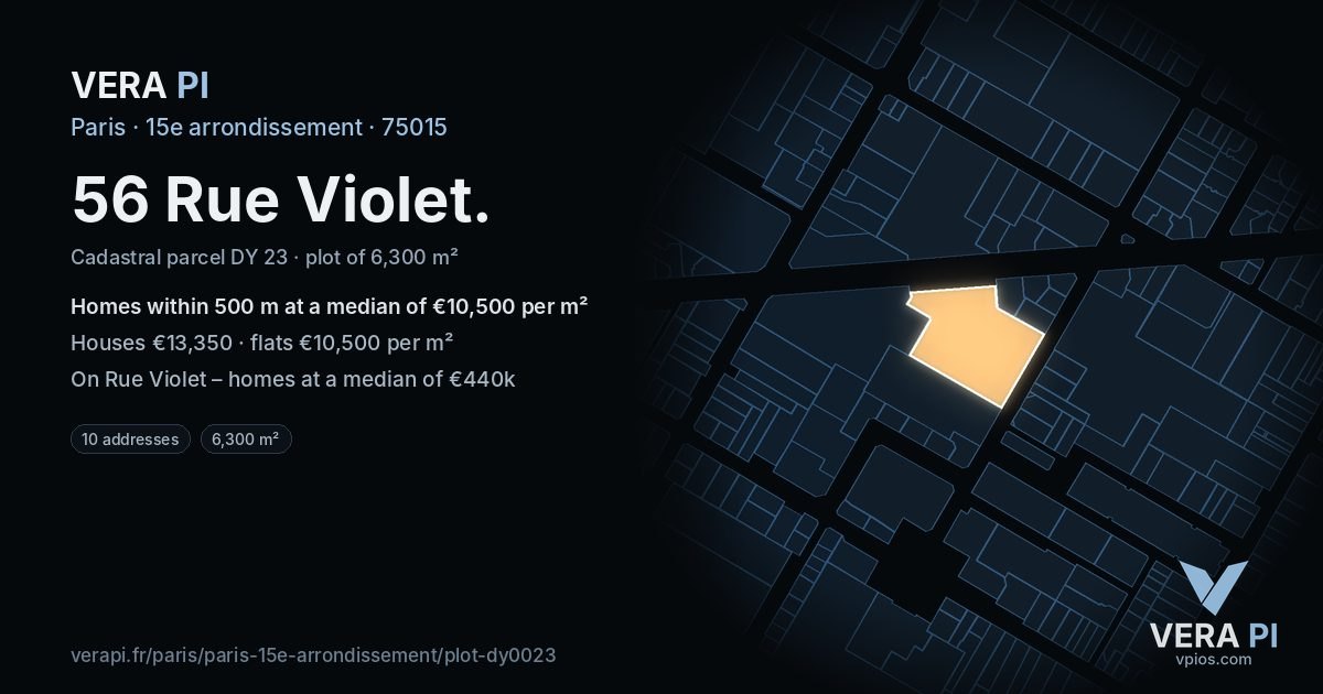 56 Rue Violet, 15e arrondissement at night – the plot lit, the parcels around coloured by the prices near them