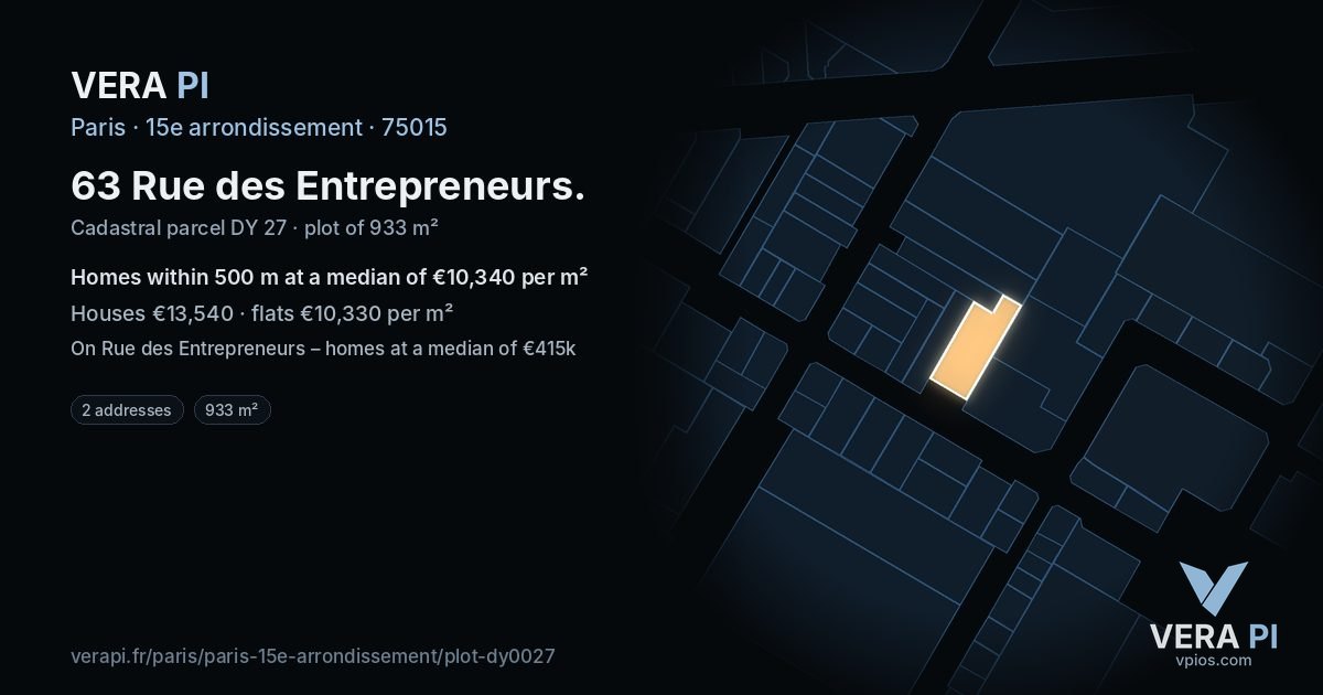 63 Rue des Entrepreneurs, 15e arrondissement at night – the plot lit, the parcels around coloured by the prices near them