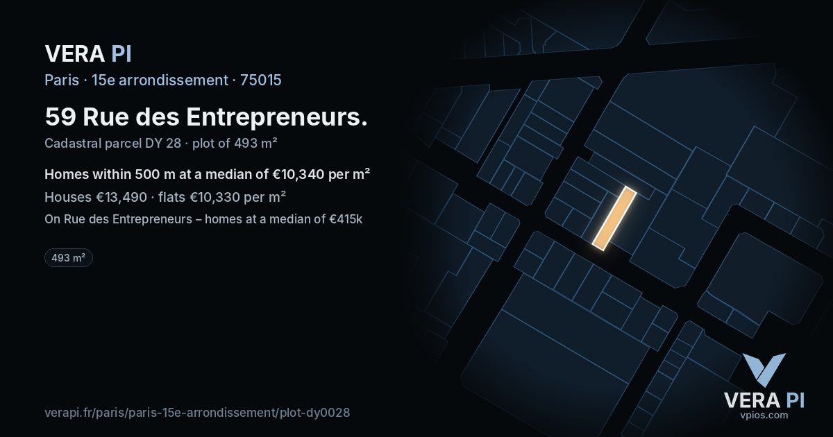 59 Rue des Entrepreneurs, 15e arrondissement at night – the plot lit, the parcels around coloured by the prices near them