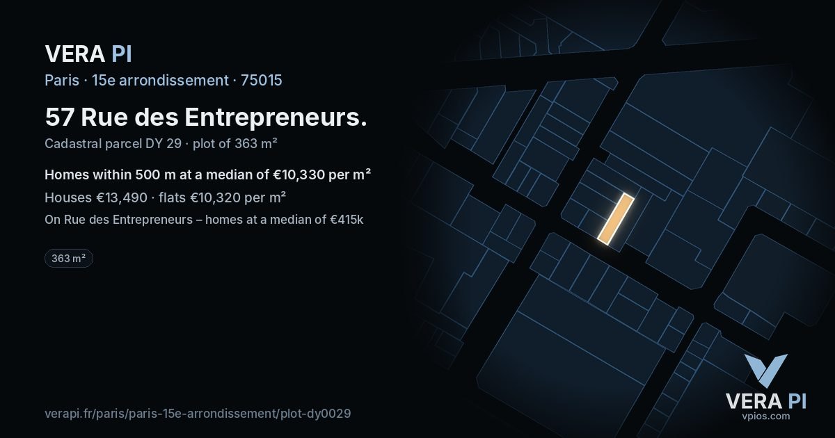57 Rue des Entrepreneurs, 15e arrondissement at night – the plot lit, the parcels around coloured by the prices near them
