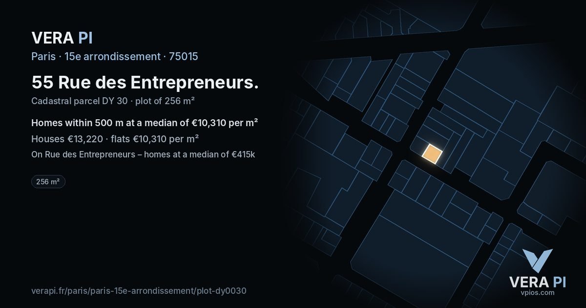55 Rue des Entrepreneurs, 15e arrondissement at night – the plot lit, the parcels around coloured by the prices near them