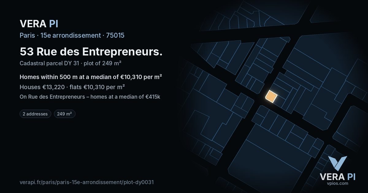 53 Rue des Entrepreneurs, 15e arrondissement at night – the plot lit, the parcels around coloured by the prices near them