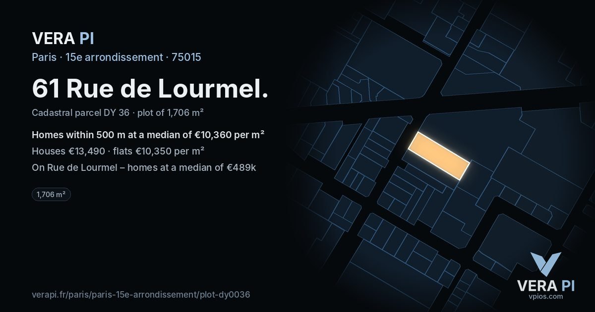 61 Rue de Lourmel, 15e arrondissement at night – the plot lit, the parcels around coloured by the prices near them