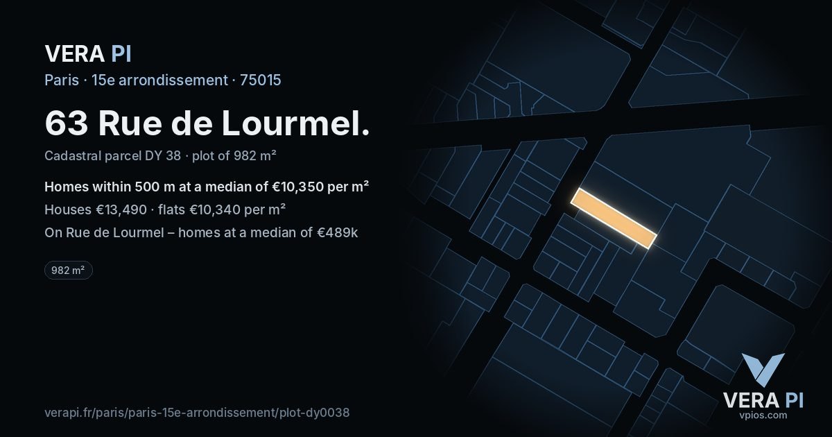 63 Rue de Lourmel, 15e arrondissement at night – the plot lit, the parcels around coloured by the prices near them