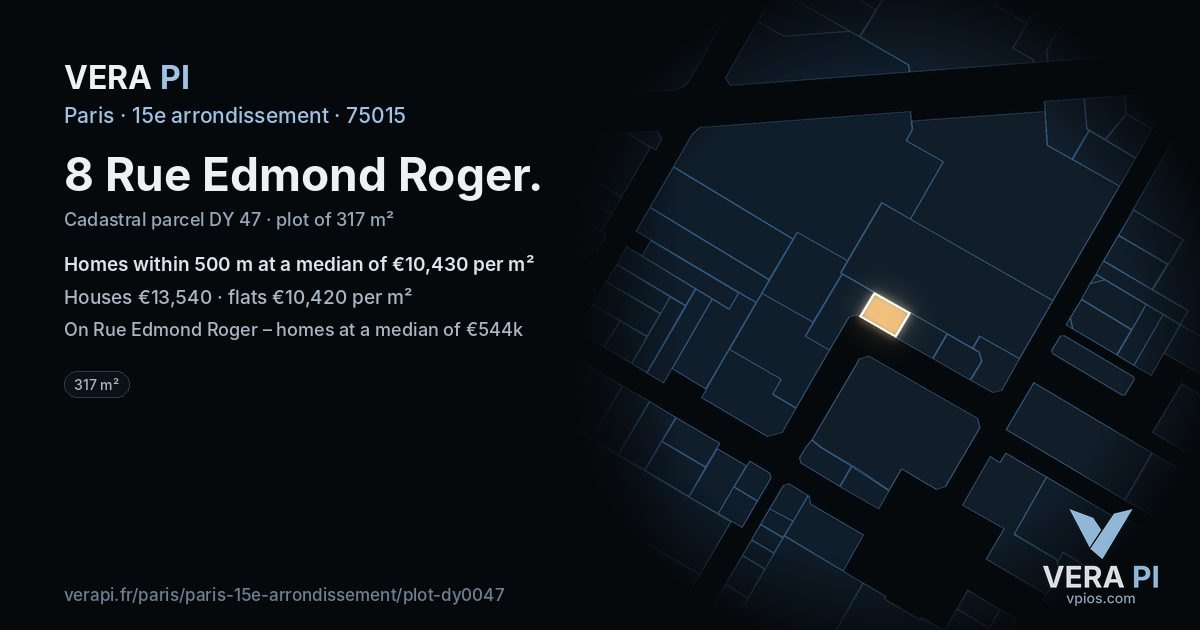 8 Rue Edmond Roger, 15e arrondissement at night – the plot lit, the parcels around coloured by the prices near them