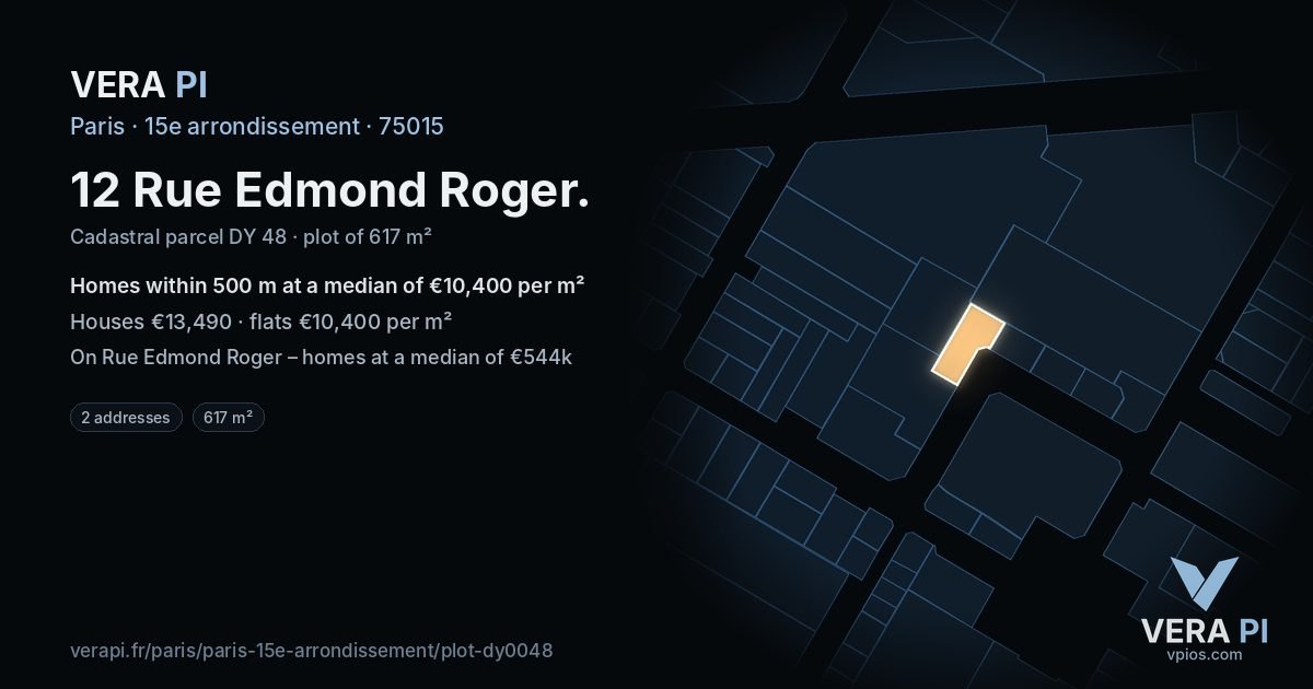 12 Rue Edmond Roger, 15e arrondissement at night – the plot lit, the parcels around coloured by the prices near them
