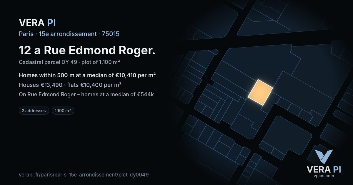 12 a Rue Edmond Roger, 15e arrondissement at night – the plot lit, the parcels around coloured by the prices near them