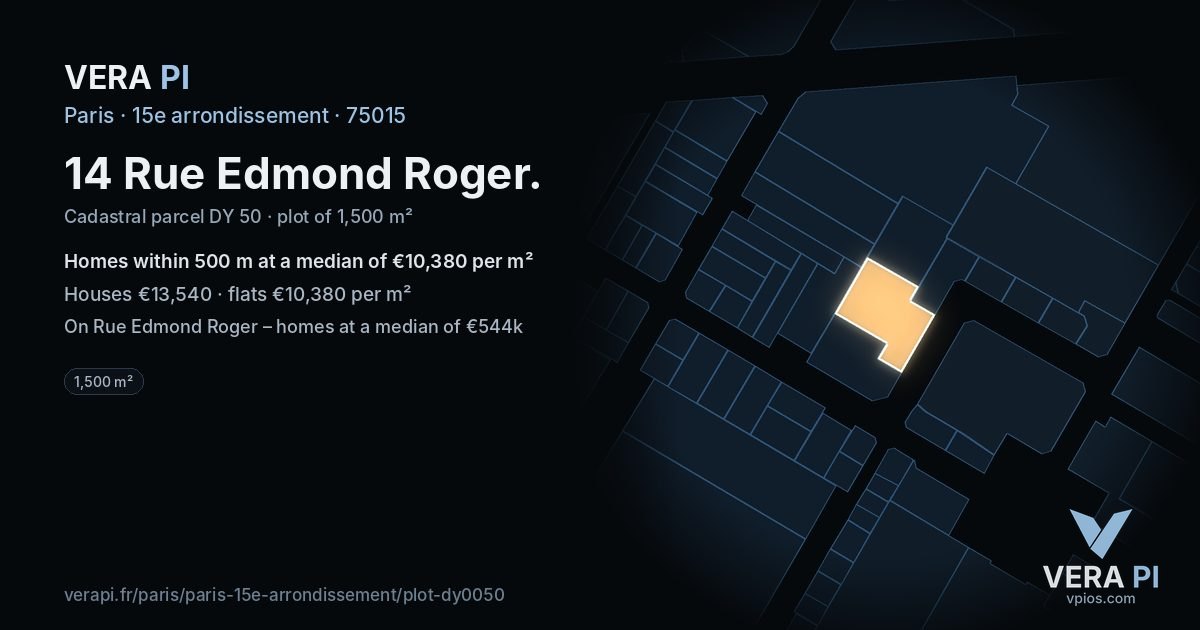 14 Rue Edmond Roger, 15e arrondissement at night – the plot lit, the parcels around coloured by the prices near them