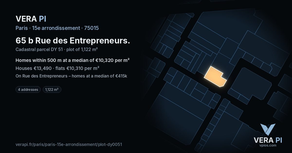 65 b Rue des Entrepreneurs, 15e arrondissement at night – the plot lit, the parcels around coloured by the prices near them