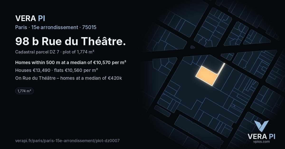98 b Rue du Théâtre, 15e arrondissement at night – the plot lit, the parcels around coloured by the prices near them