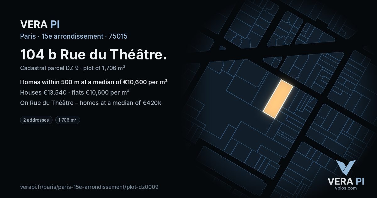 104 b Rue du Théâtre, 15e arrondissement at night – the plot lit, the parcels around coloured by the prices near them