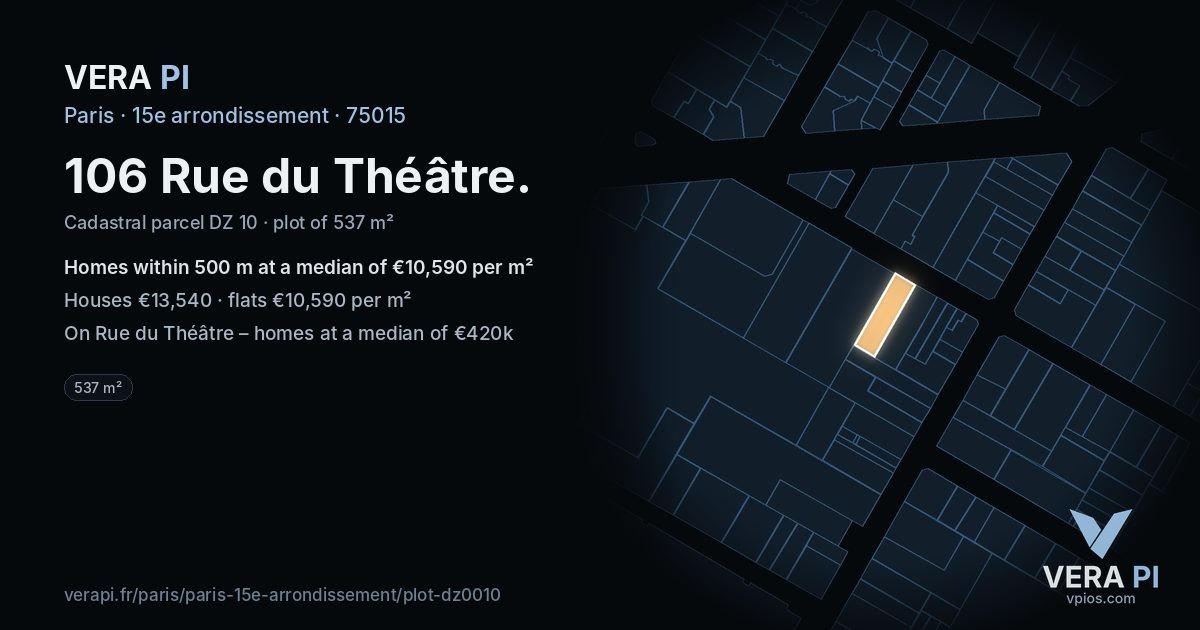 106 Rue du Théâtre, 15e arrondissement at night – the plot lit, the parcels around coloured by the prices near them