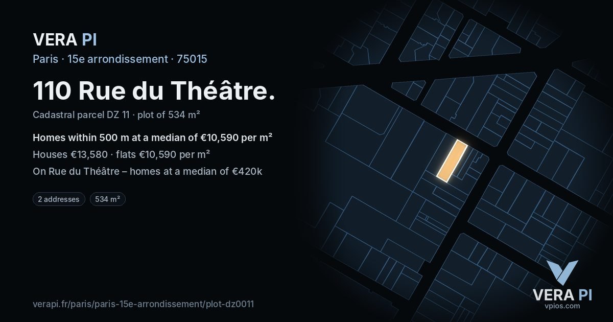 110 Rue du Théâtre, 15e arrondissement at night – the plot lit, the parcels around coloured by the prices near them
