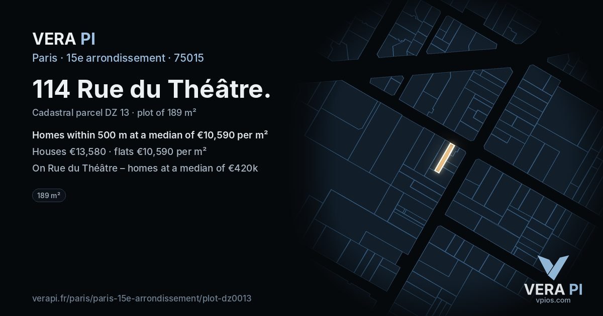 114 Rue du Théâtre, 15e arrondissement at night – the plot lit, the parcels around coloured by the prices near them