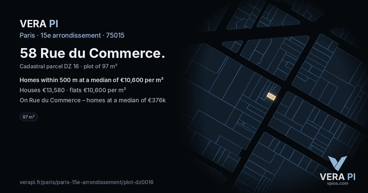 58 Rue du Commerce, 15e arrondissement at night – the plot lit, the parcels around coloured by the prices near them