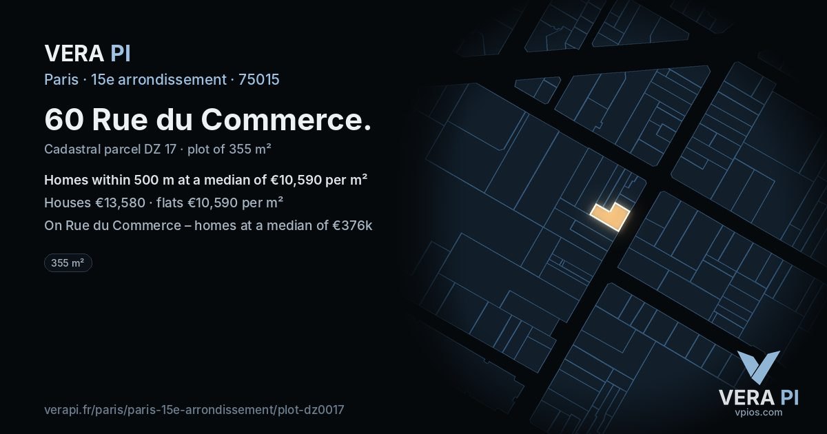 60 Rue du Commerce, 15e arrondissement at night – the plot lit, the parcels around coloured by the prices near them