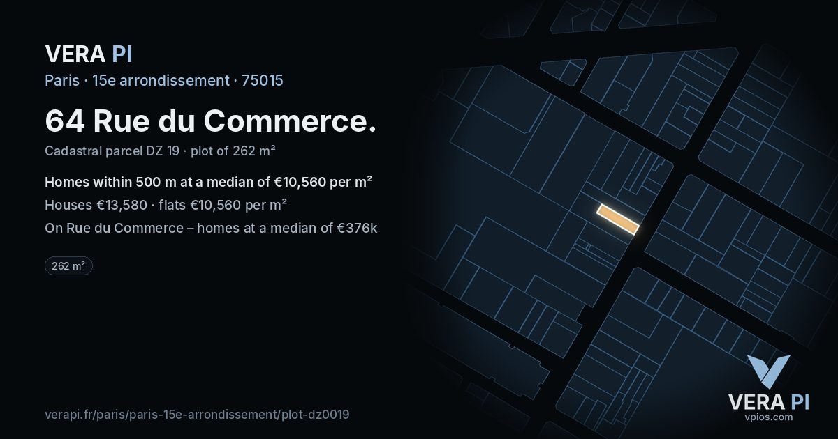 64 Rue du Commerce, 15e arrondissement at night – the plot lit, the parcels around coloured by the prices near them