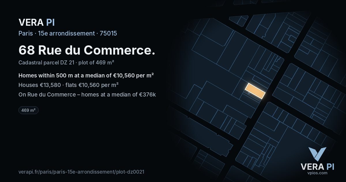 68 Rue du Commerce, 15e arrondissement at night – the plot lit, the parcels around coloured by the prices near them