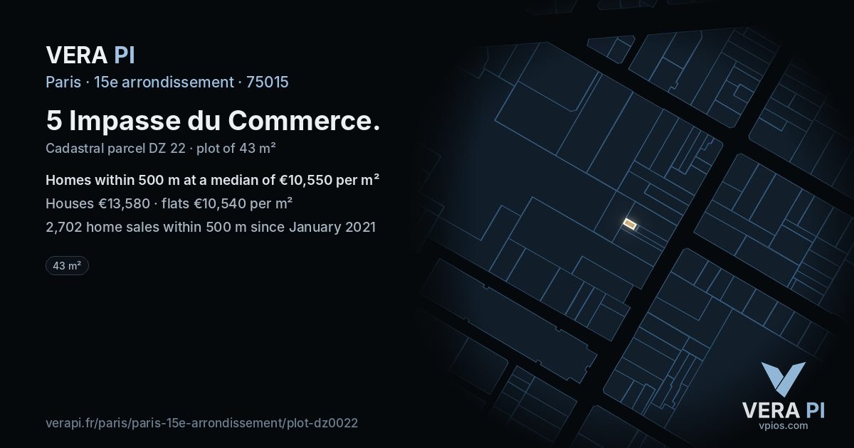 5 Impasse du Commerce, 15e arrondissement at night – the plot lit, the parcels around coloured by the prices near them