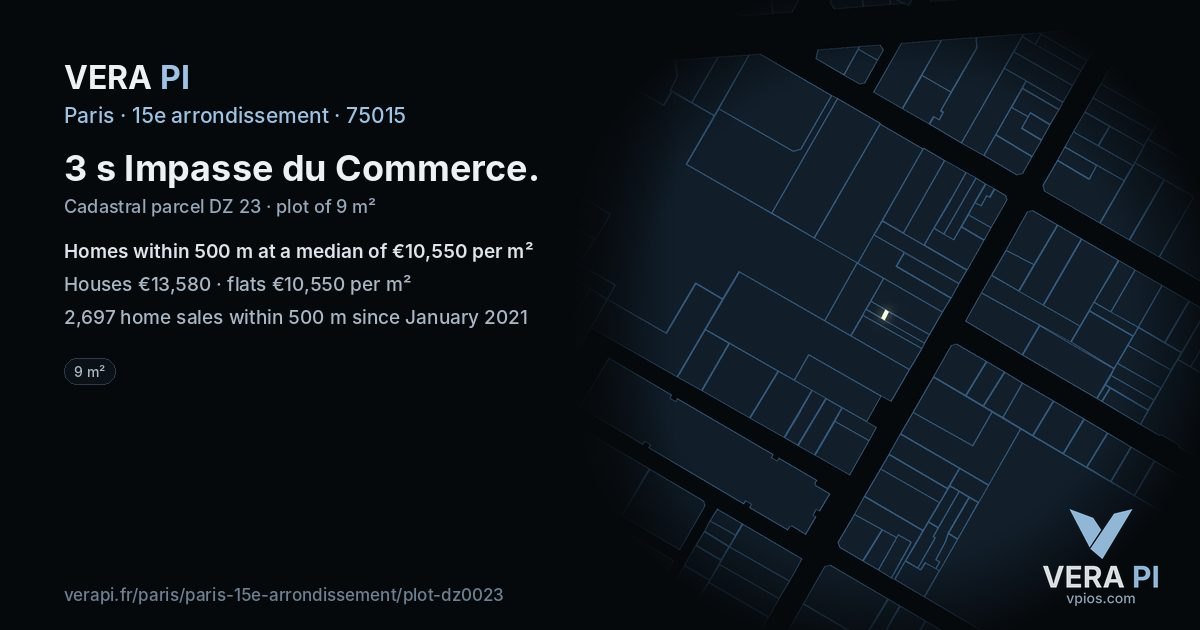 3 s Impasse du Commerce, 15e arrondissement at night – the plot lit, the parcels around coloured by the prices near them