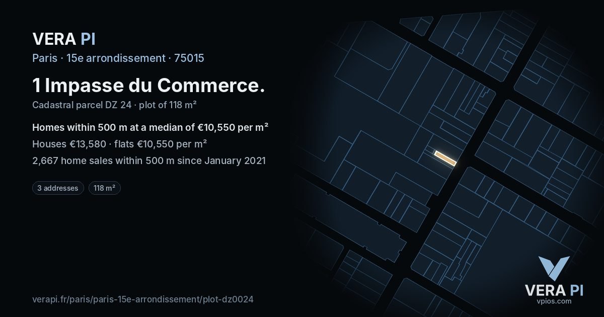1 Impasse du Commerce, 15e arrondissement at night – the plot lit, the parcels around coloured by the prices near them