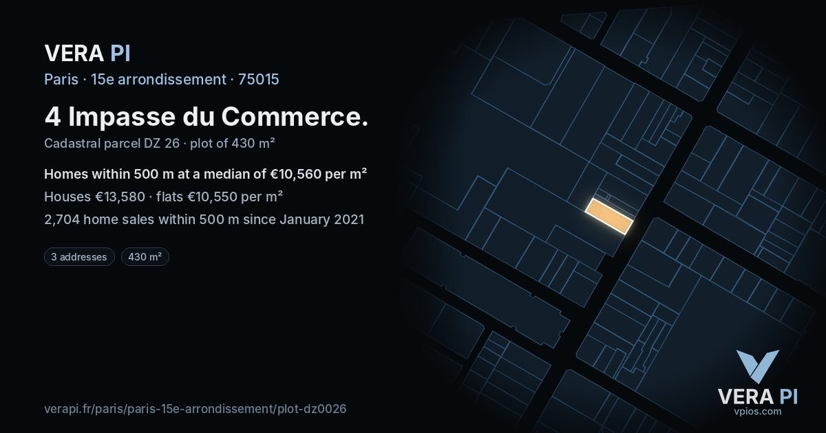 4 Impasse du Commerce, 15e arrondissement at night – the plot lit, the parcels around coloured by the prices near them