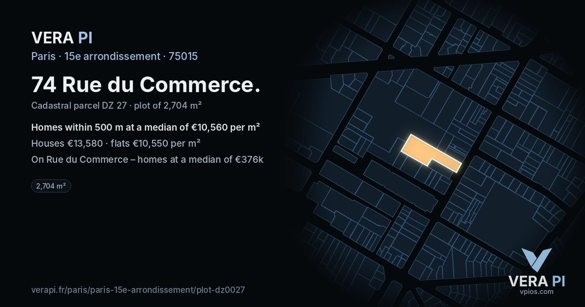 74 Rue du Commerce, 15e arrondissement at night – the plot lit, the parcels around coloured by the prices near them