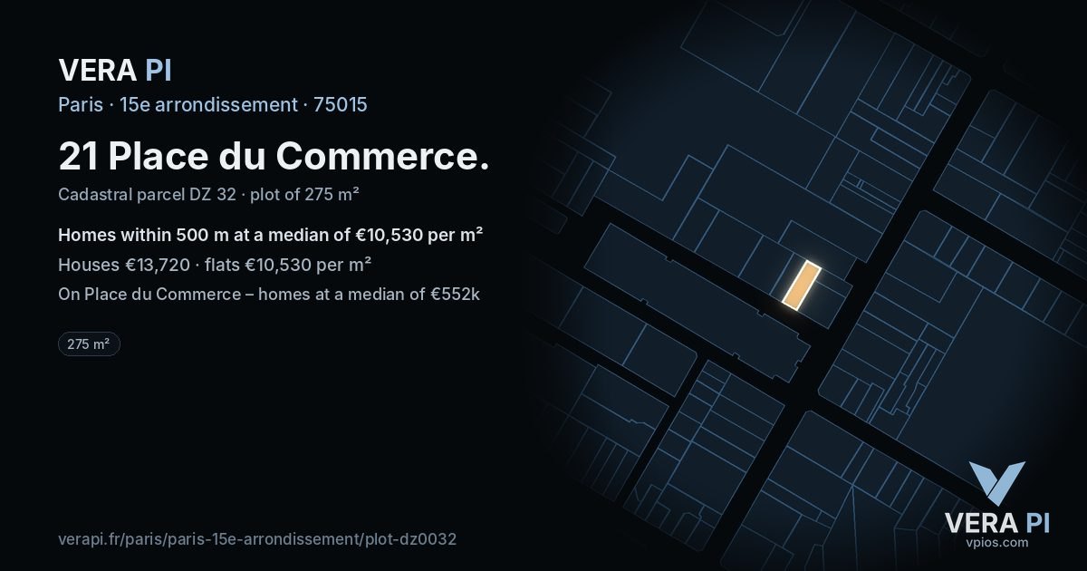21 Place du Commerce, 15e arrondissement at night – the plot lit, the parcels around coloured by the prices near them