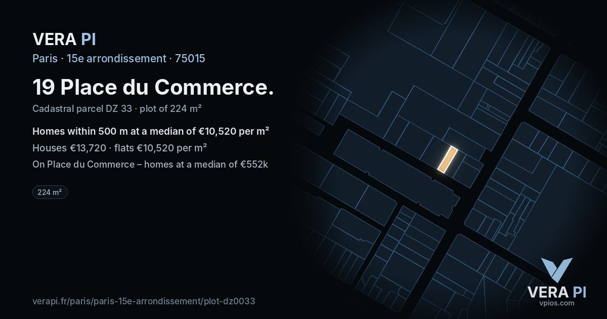 19 Place du Commerce, 15e arrondissement at night – the plot lit, the parcels around coloured by the prices near them