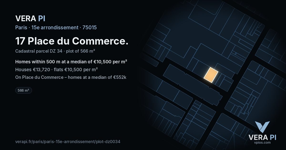 17 Place du Commerce, 15e arrondissement at night – the plot lit, the parcels around coloured by the prices near them