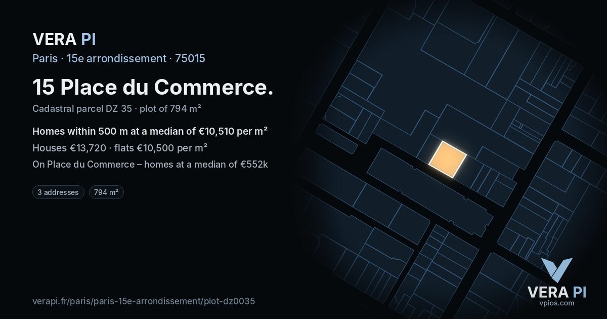 15 Place du Commerce, 15e arrondissement at night – the plot lit, the parcels around coloured by the prices near them