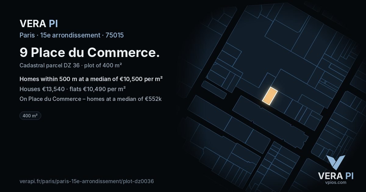 9 Place du Commerce, 15e arrondissement at night – the plot lit, the parcels around coloured by the prices near them