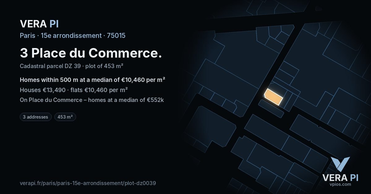 3 Place du Commerce, 15e arrondissement at night – the plot lit, the parcels around coloured by the prices near them