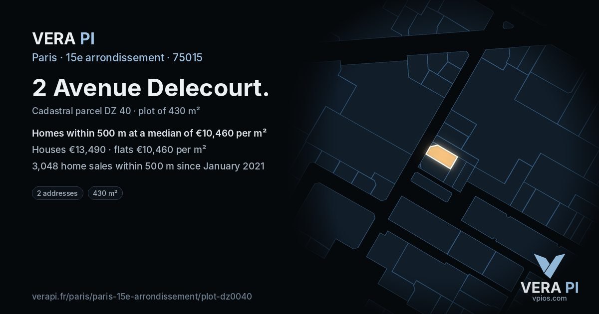 2 Avenue Delecourt, 15e arrondissement at night – the plot lit, the parcels around coloured by the prices near them