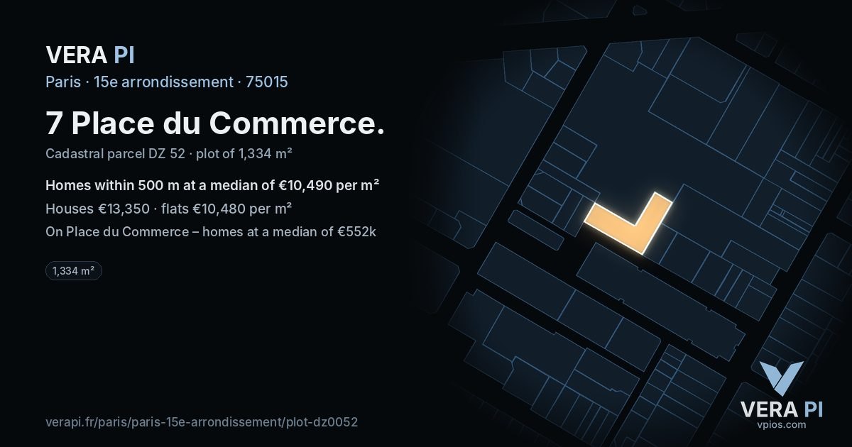 7 Place du Commerce, 15e arrondissement at night – the plot lit, the parcels around coloured by the prices near them