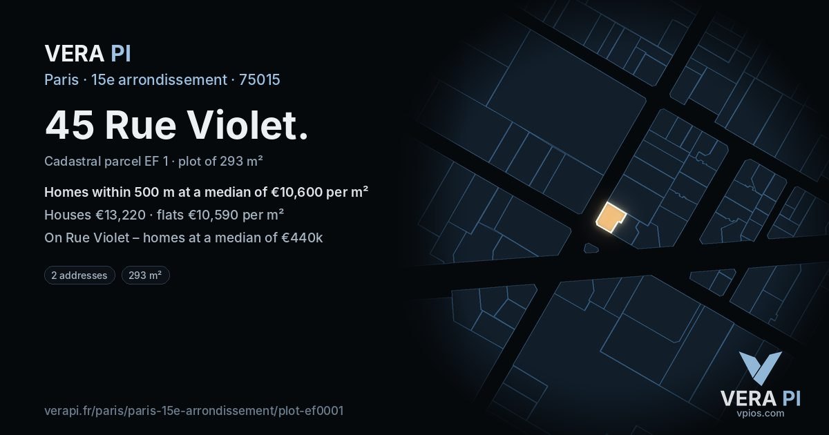 45 Rue Violet, 15e arrondissement at night – the plot lit, the parcels around coloured by the prices near them