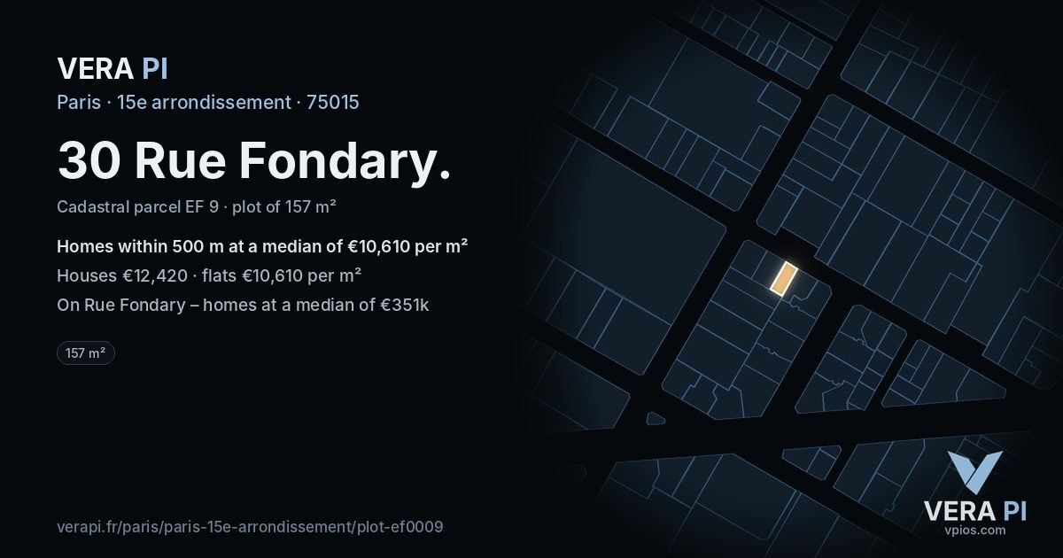 30 Rue Fondary, 15e arrondissement at night – the plot lit, the parcels around coloured by the prices near them