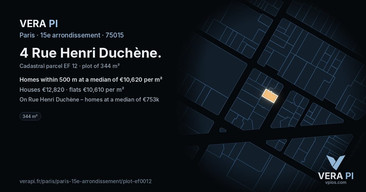 4 Rue Henri Duchène, 15e arrondissement at night – the plot lit, the parcels around coloured by the prices near them