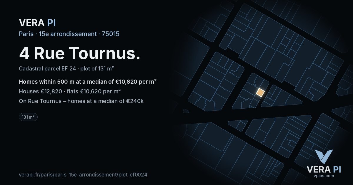 4 Rue Tournus, 15e arrondissement at night – the plot lit, the parcels around coloured by the prices near them