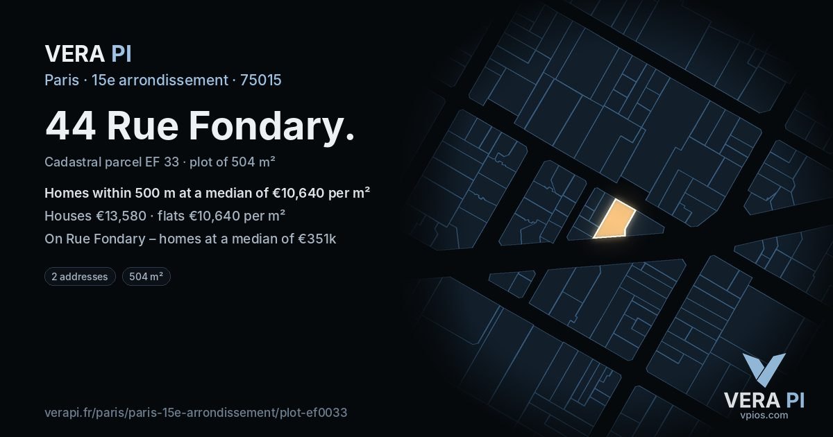 44 Rue Fondary, 15e arrondissement at night – the plot lit, the parcels around coloured by the prices near them