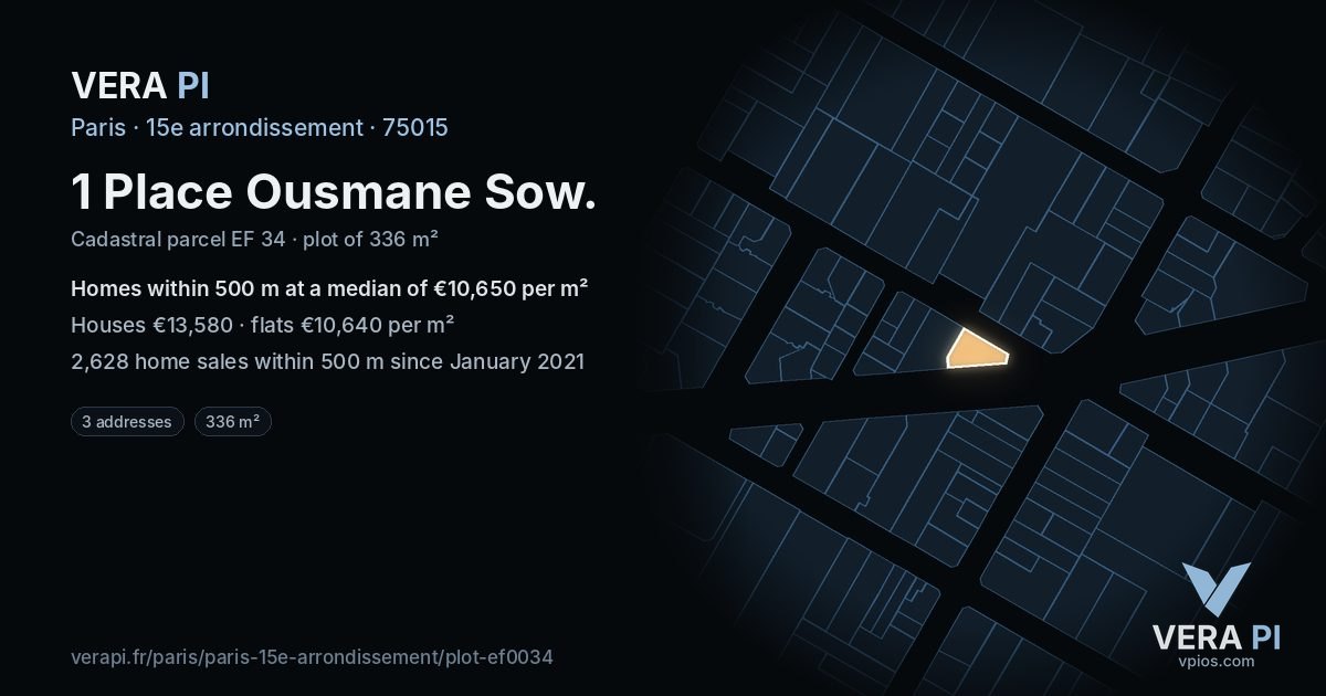 1 Place Ousmane Sow, 15e arrondissement at night – the plot lit, the parcels around coloured by the prices near them