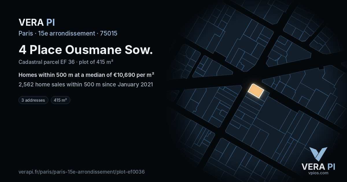 4 Place Ousmane Sow, 15e arrondissement at night – the plot lit, the parcels around coloured by the prices near them