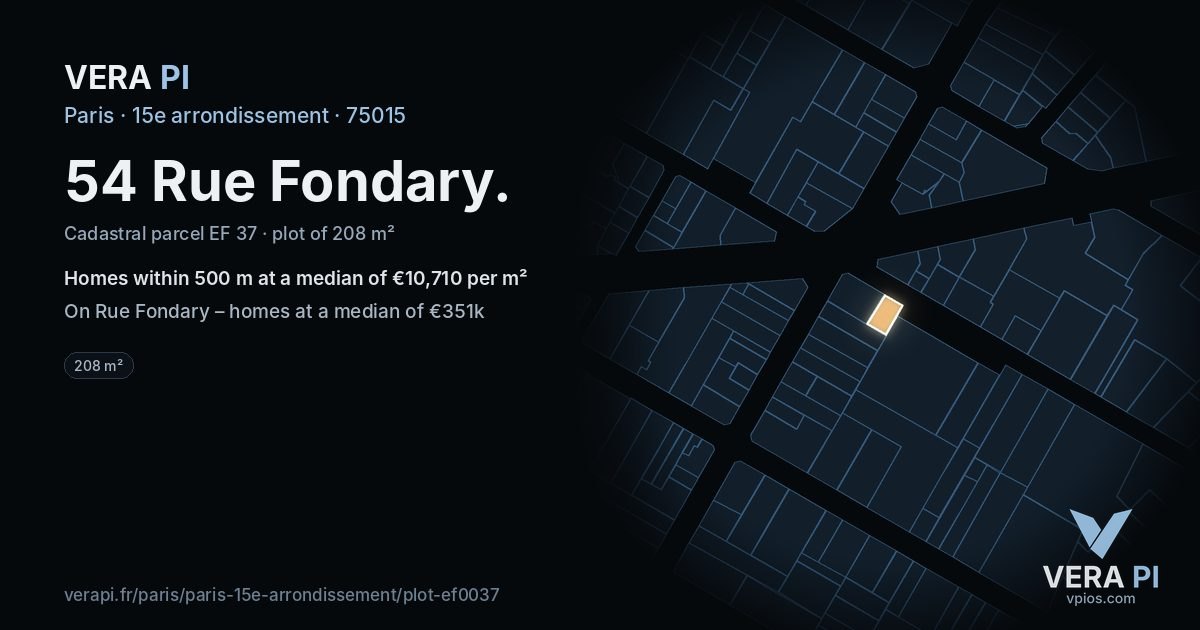 54 Rue Fondary, 15e arrondissement at night – the plot lit, the parcels around coloured by the prices near them