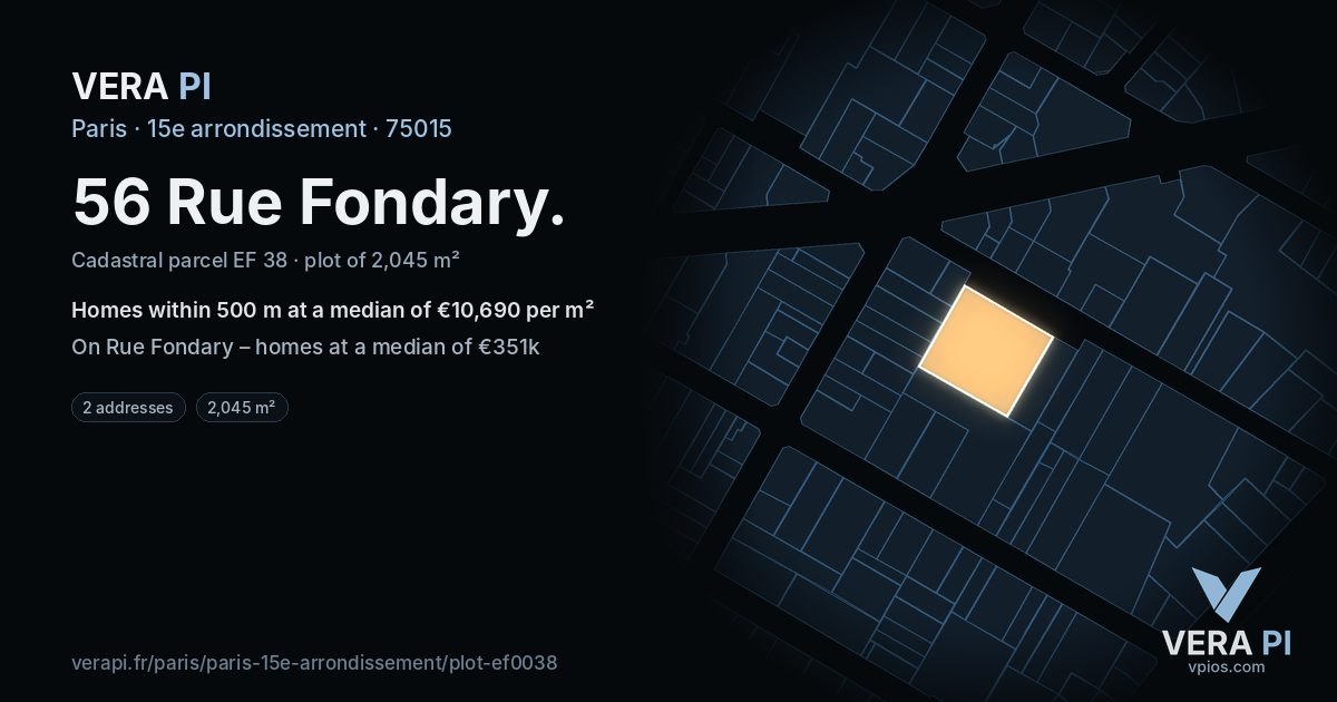 56 Rue Fondary, 15e arrondissement at night – the plot lit, the parcels around coloured by the prices near them