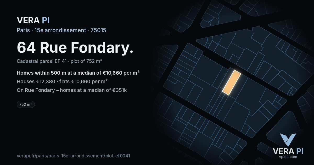 64 Rue Fondary, 15e arrondissement at night – the plot lit, the parcels around coloured by the prices near them
