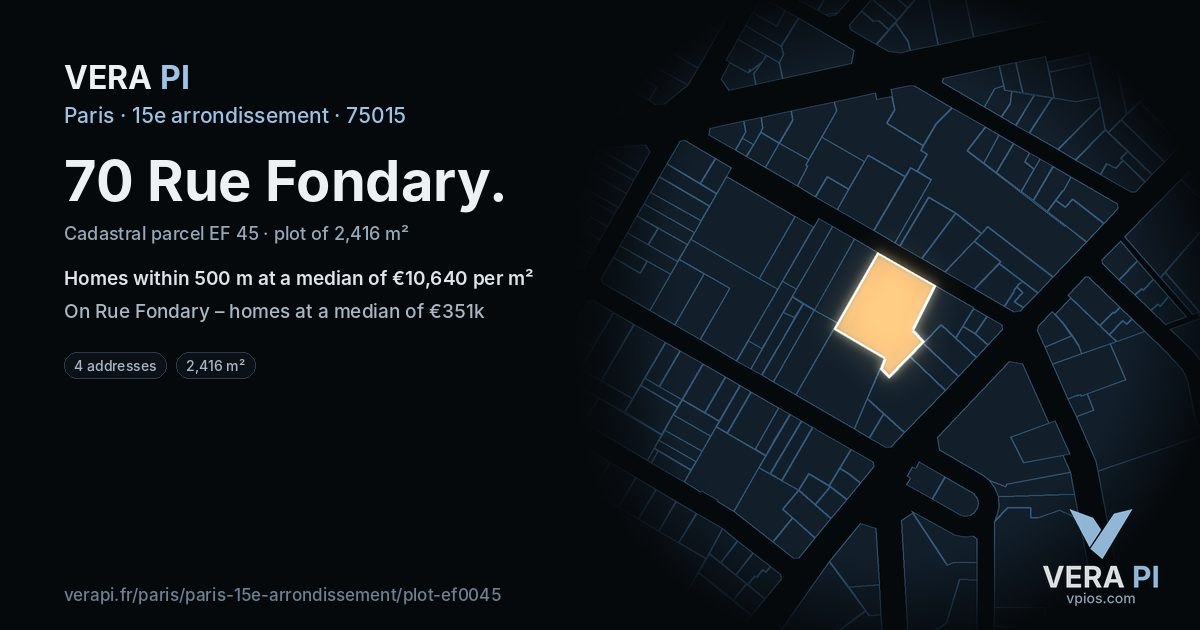 70 Rue Fondary, 15e arrondissement at night – the plot lit, the parcels around coloured by the prices near them